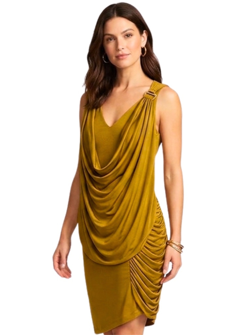 BCBGMAXAZRIA Draped Cocktail Dress Medium Ochre Gold Buckle Ruched Sleeveless